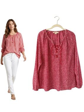 Michael Kors Women’s Red Floral Lace-Up Peasant Top Size L Flowy Casual Rivets
